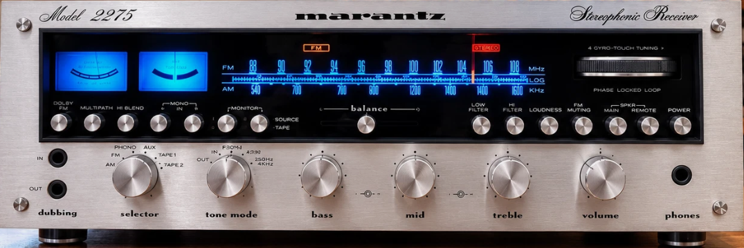 Marantz 2275 walnut-cased FM stereo receiver with backlit tuner dial — the Record Plant Radio player
