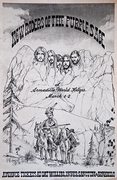 Illustrated concert poster for New Riders of the Purple Sage at Armadillo World Headquarters, March 1974.