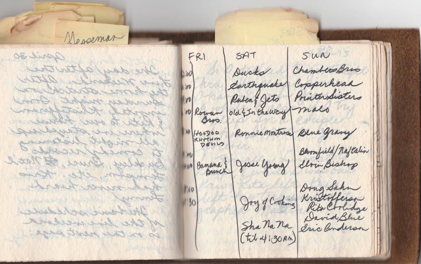 Raechel Donahue's handwritten notebook listing Record Plant broadcasts across Friday, Saturday, and Sunday of the 72-hour marathon.