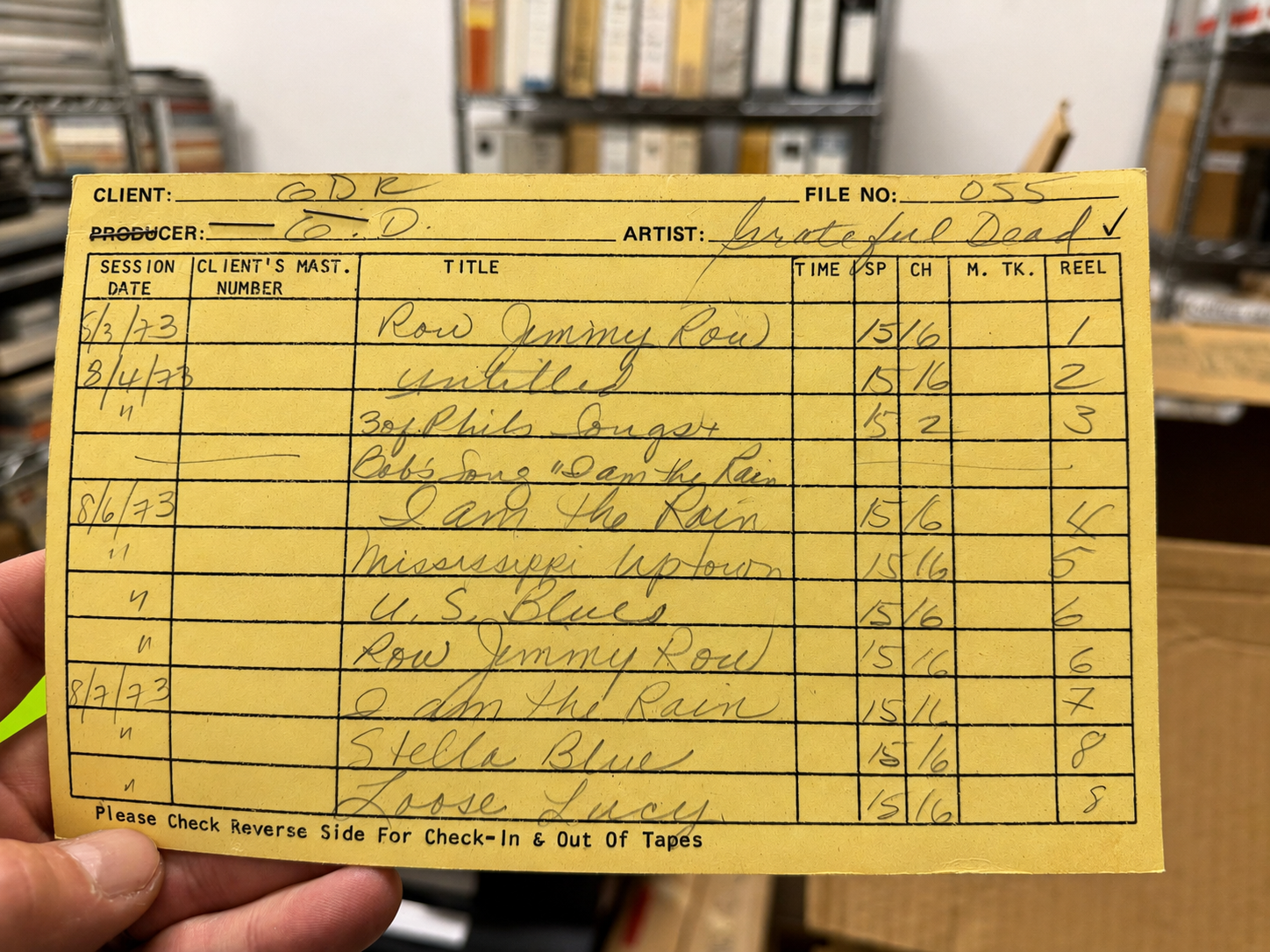 File 055, the Grateful Dead Records tape log for the Wake of the Flood sessions at the Record Plant Sausalito, August 1973.
