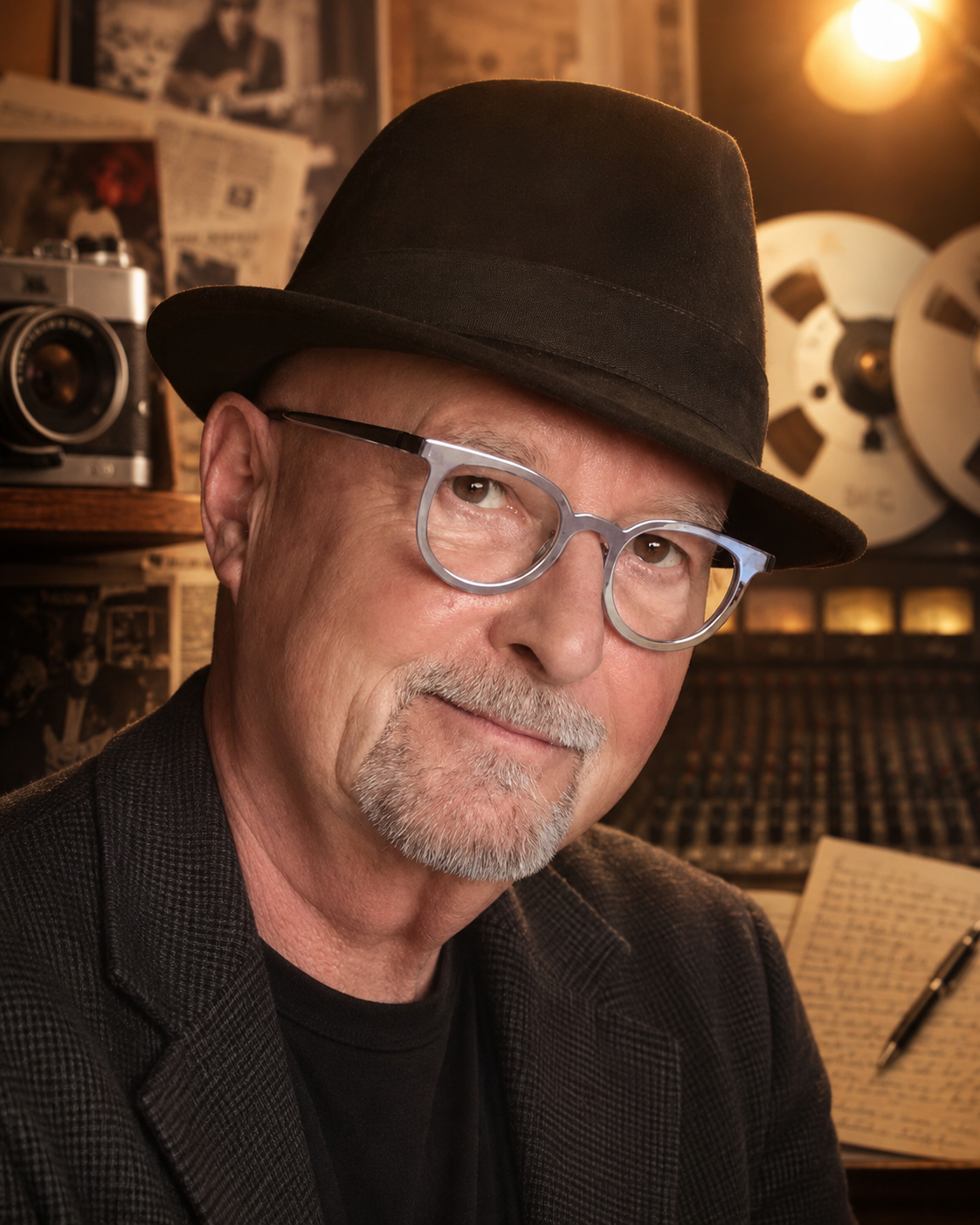 David Goggin (Mr. Bonzai) in fedora and metallic-frame glasses, seated before a vintage console, tape reels, camera, and handwritten notes.