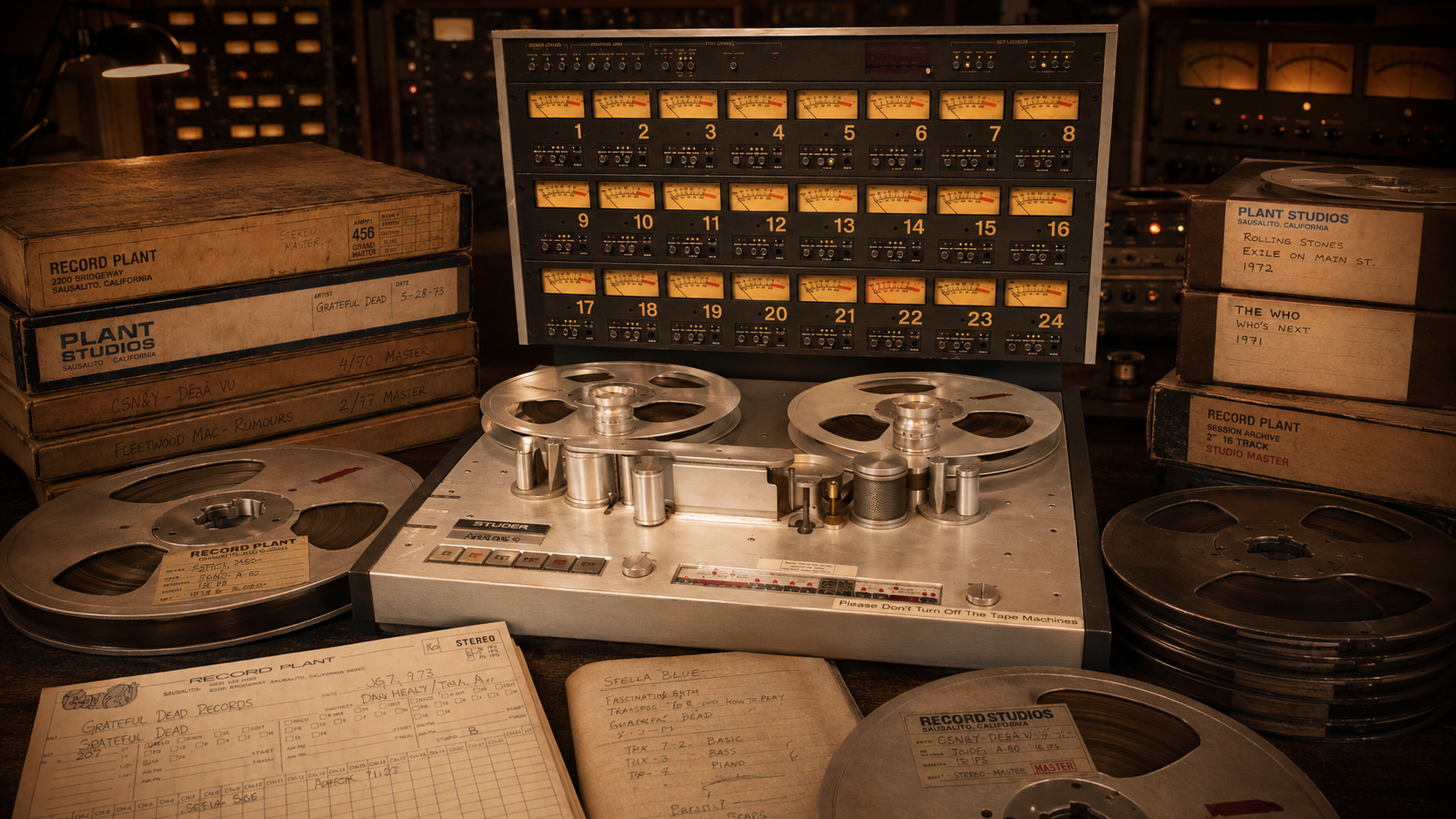 Stacked Record Plant and Plant Studios master tape boxes — Grateful Dead, CSN&Y Déjà Vu, Fleetwood Mac Rumours — with a studio log sheet and reel-to-reel tape.