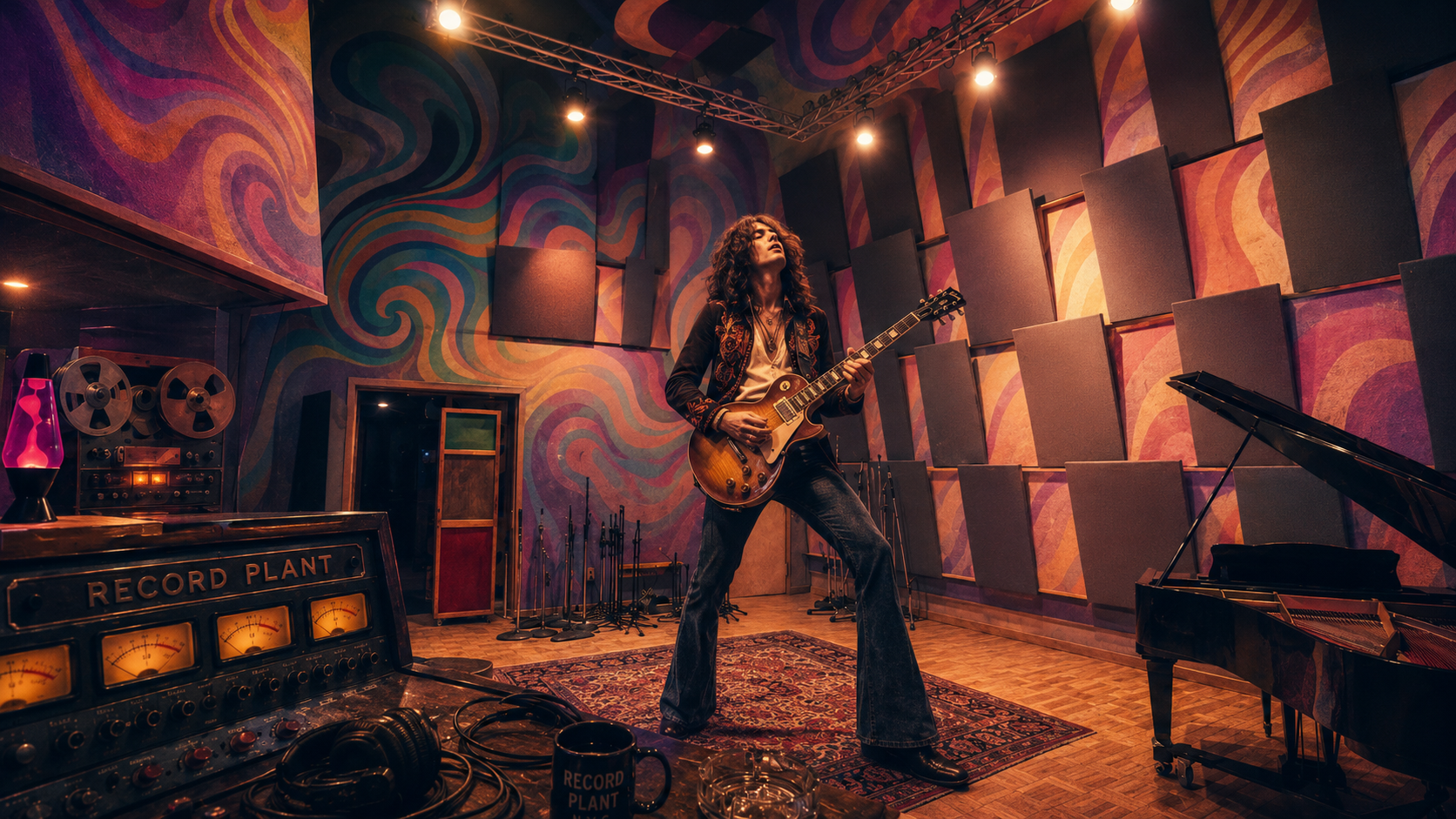 Record Plant Sausalito live room — psychedelic swirl mural, staggered acoustic panels, vintage console and grand piano, a guitarist mid-take on the Persian rug.