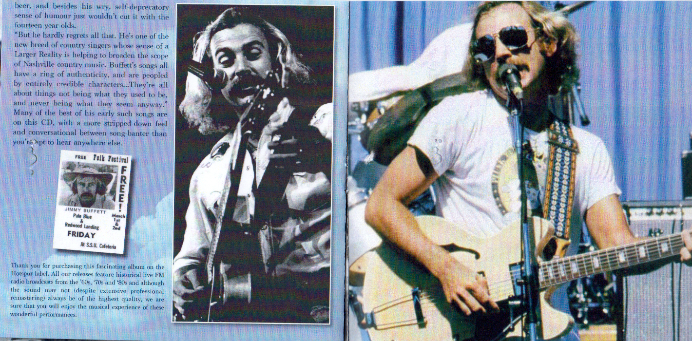Hotspur booklet spread reproducing a Jimmy Buffett folk festival flyer