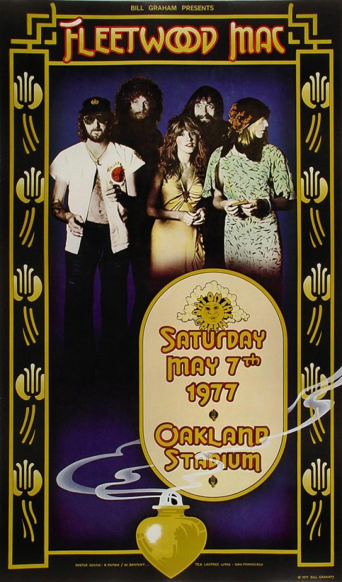 Fleetwood Mac — Bill Graham Presents, Oakland Stadium, May 7, 1977. Poster by Randy Tuten and William Bostedt.