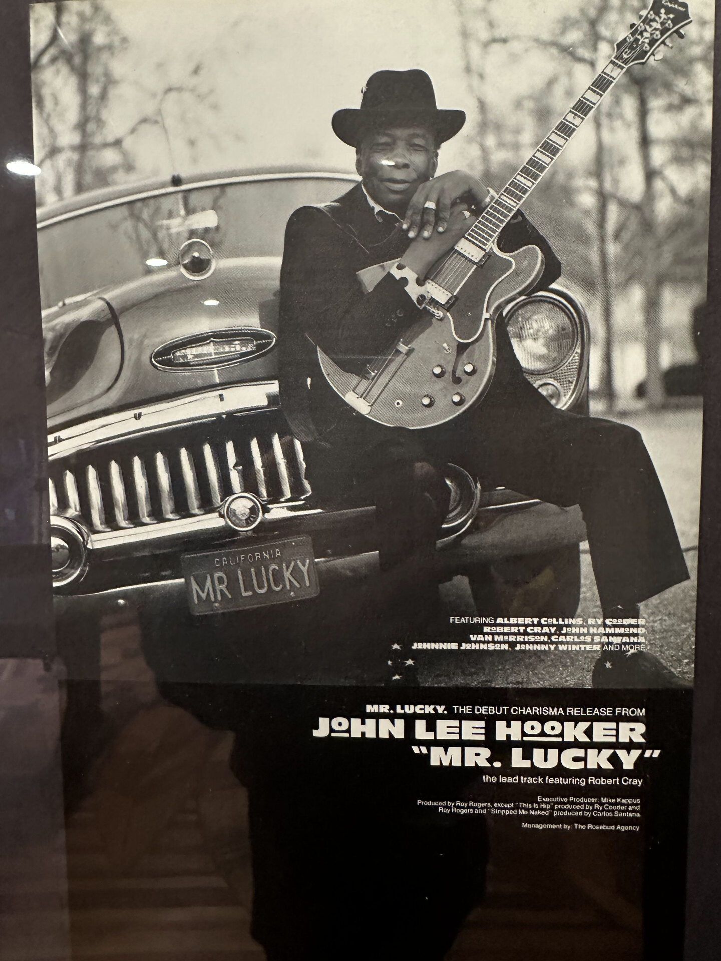 Framed promotional poster for John Lee Hooker's Mr. Lucky (1991), featuring Hooker leaning on a vintage car with a 'MR LUCKY' California plate, alongside credits for Albert Collins, Ry Cooder, Robert Cray, John Hammond, Van Morrison, Carlos Santana, Johnnie Johnson, and Johnny Winter.