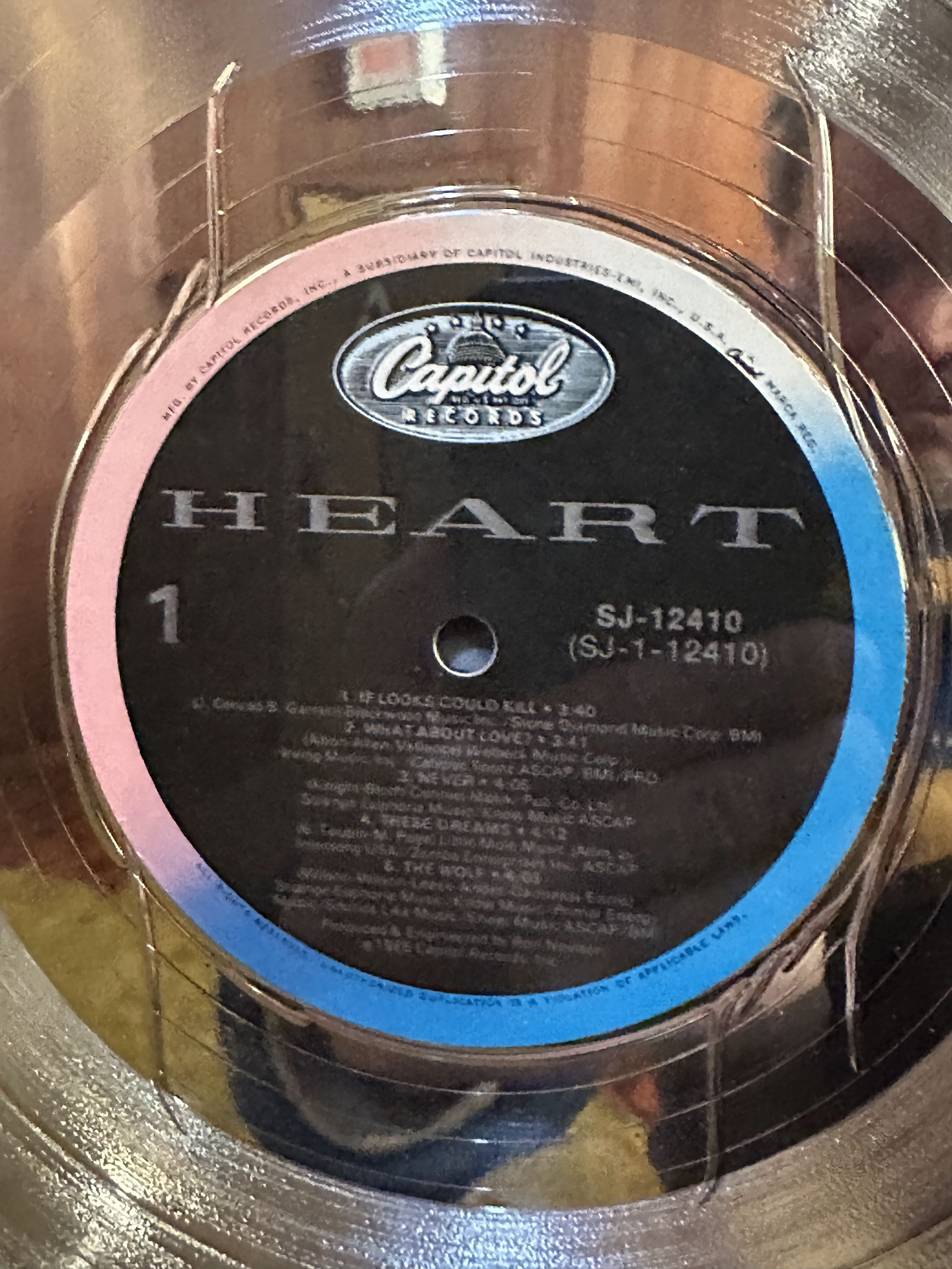 Close-up of the gold record award for Heart's self-titled 1985 album on Capitol Records.