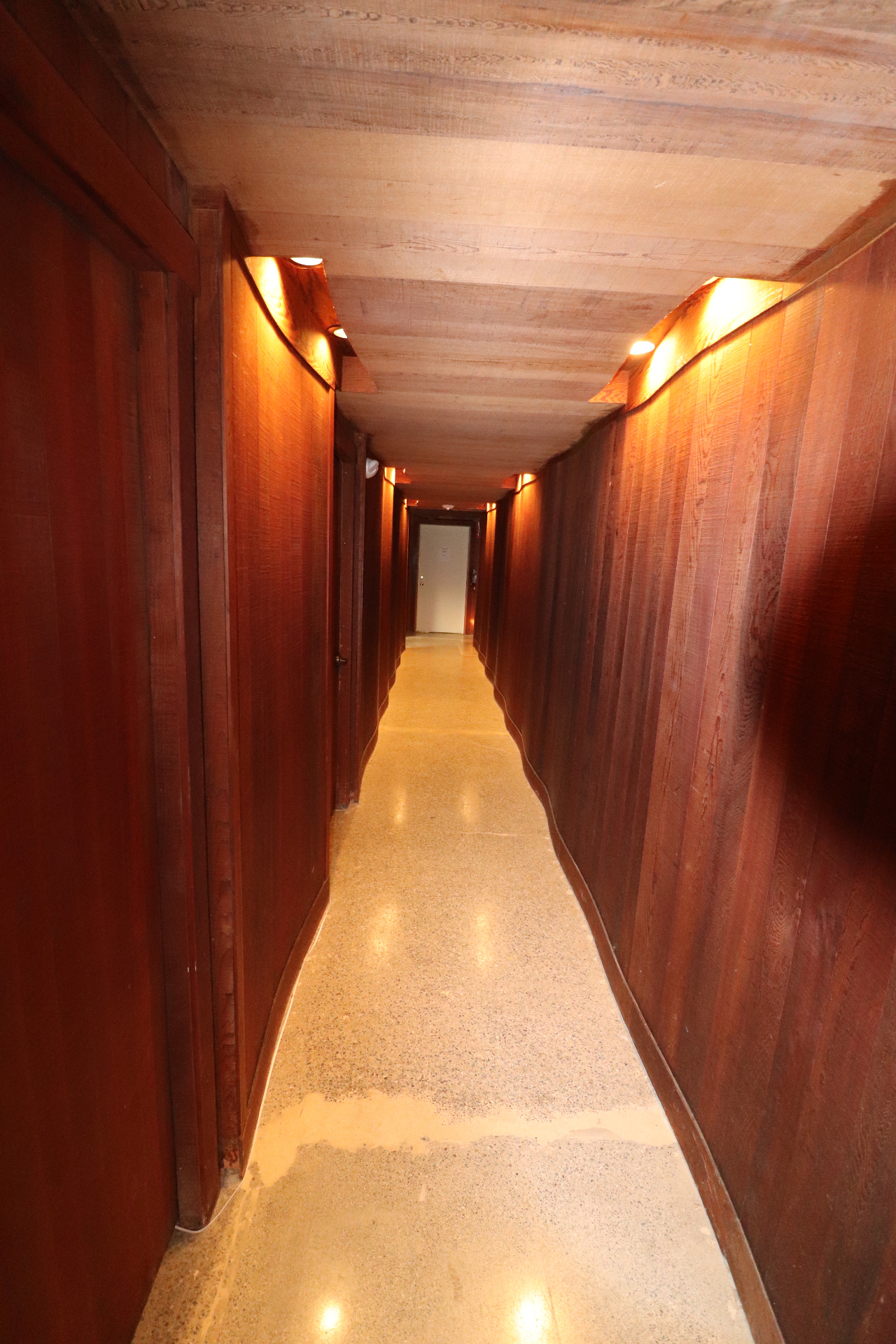 A long redwood-paneled hallway at 2200 Studios with curved, wavy walls and a terrazzo floor, lit by warm uplights tucked into shaped notches in the ceiling.