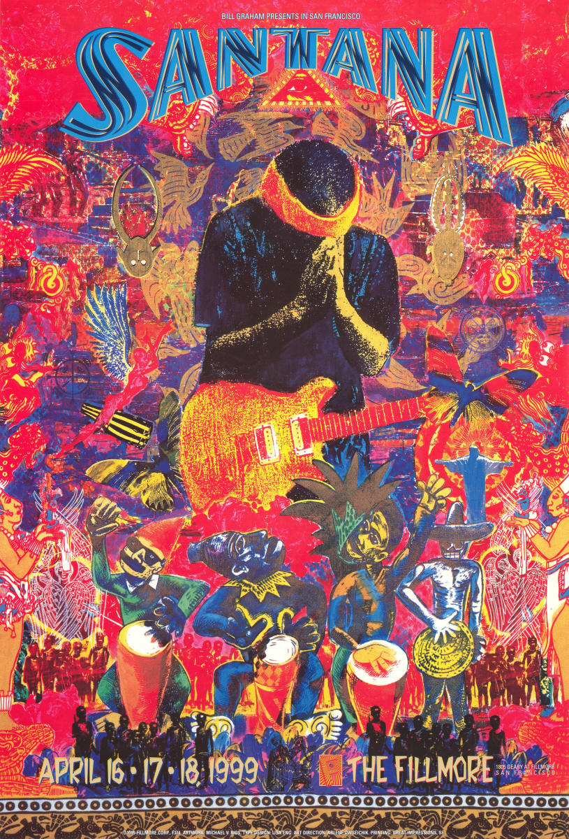 Carlos Santana — Fillmore Auditorium, San Francisco, April 16, 1999. Poster art by Michael Rios and Lisa Eng.