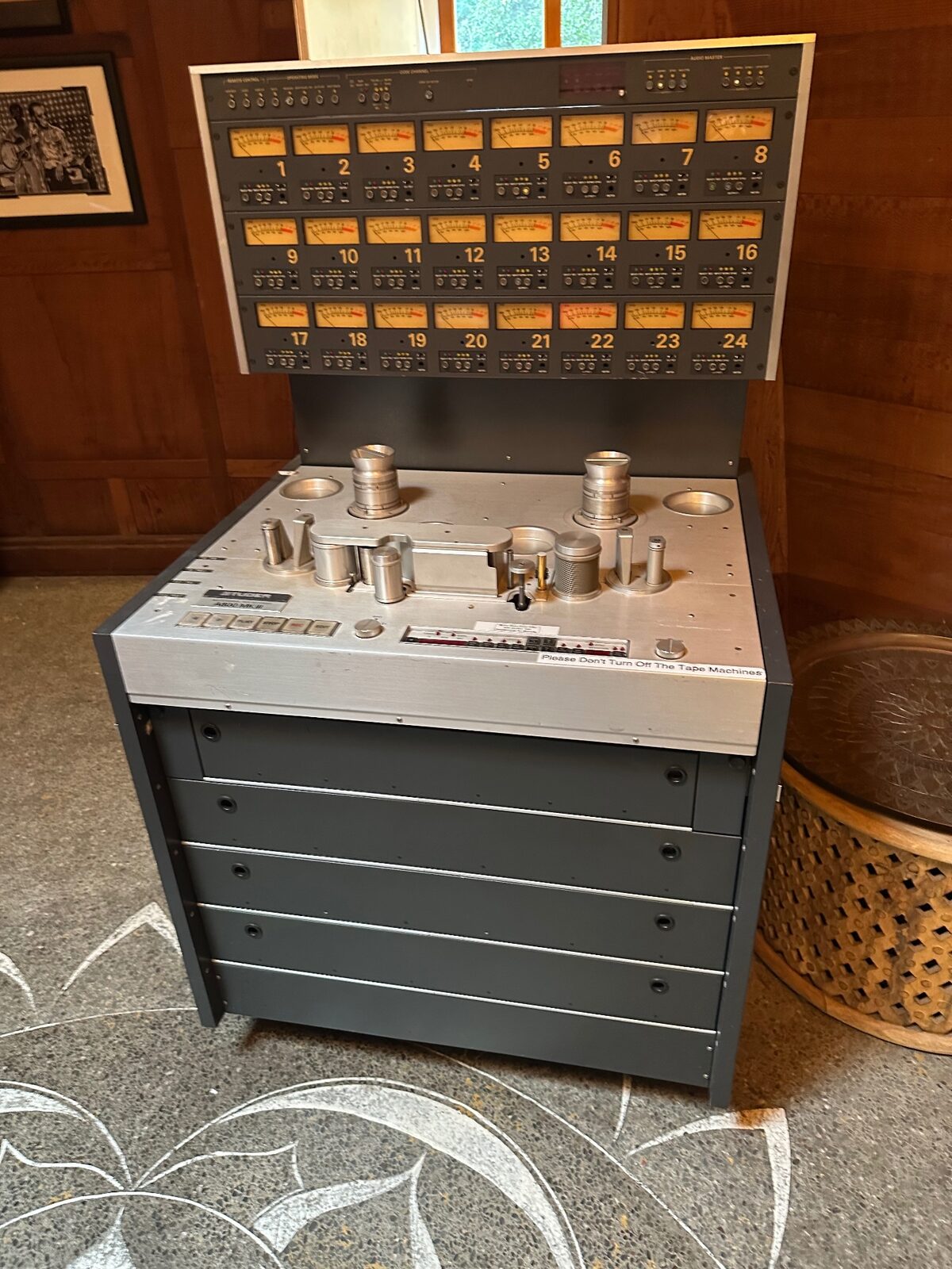 Studer A800 MkII 24-track reel-to-reel tape machine with its 24-channel VU meter bridge across the top.