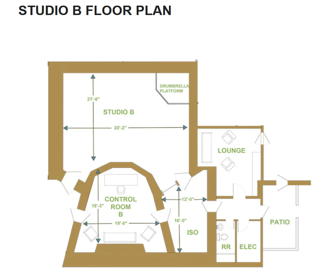 Studio B floor plan showing the live room (21'-6" by 30'-2"), Drumbrella platform, Control Room B (18'-3" by 19'-0"), ISO booth, lounge, patio, and adjoining service rooms at 2200 Bridgeway.