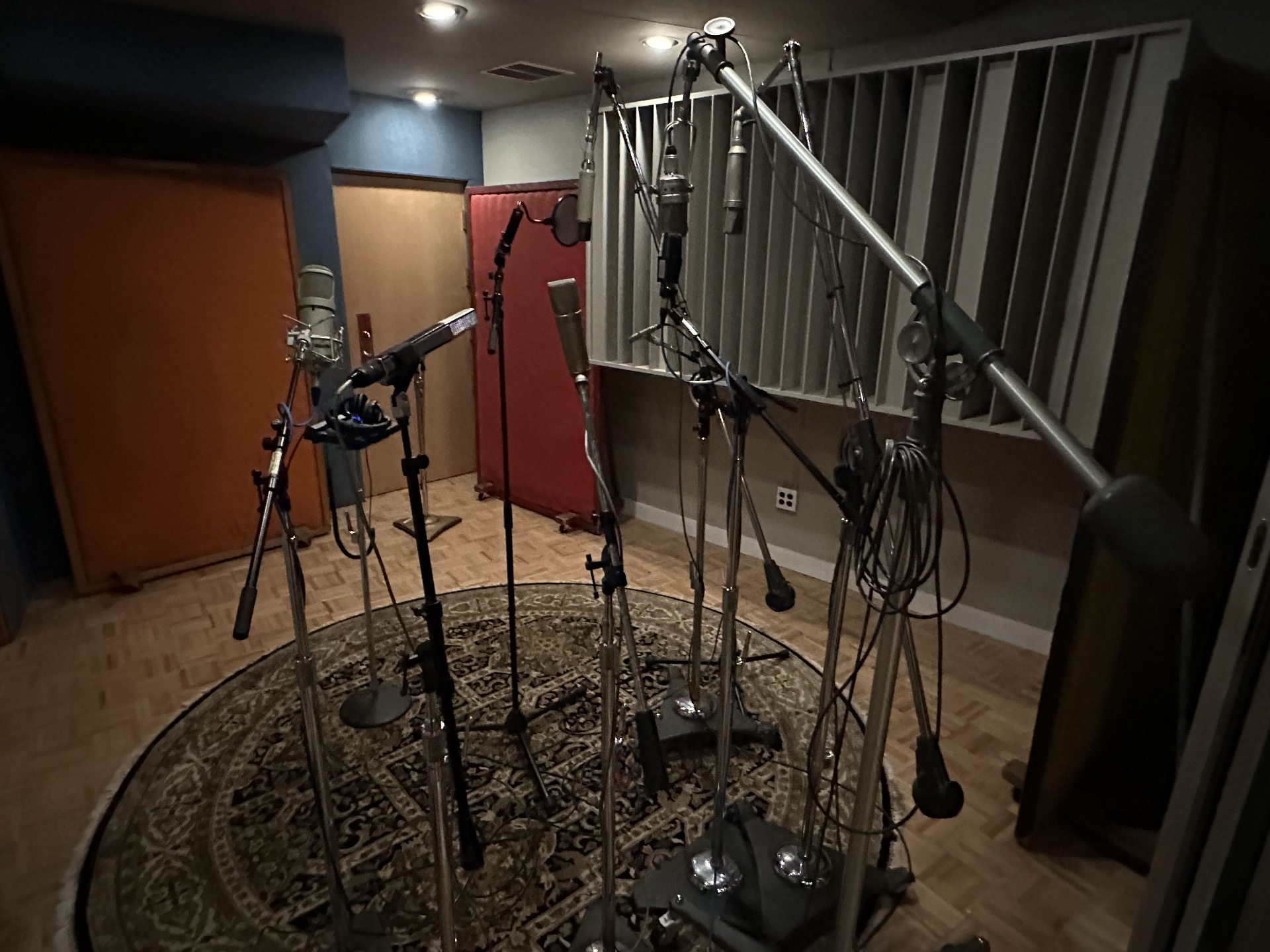 A cluster of vintage microphones on stands arranged in a circle on a Persian rug in an isolation room off of Studio A, with diffusor panels and acoustic baffles in the background.