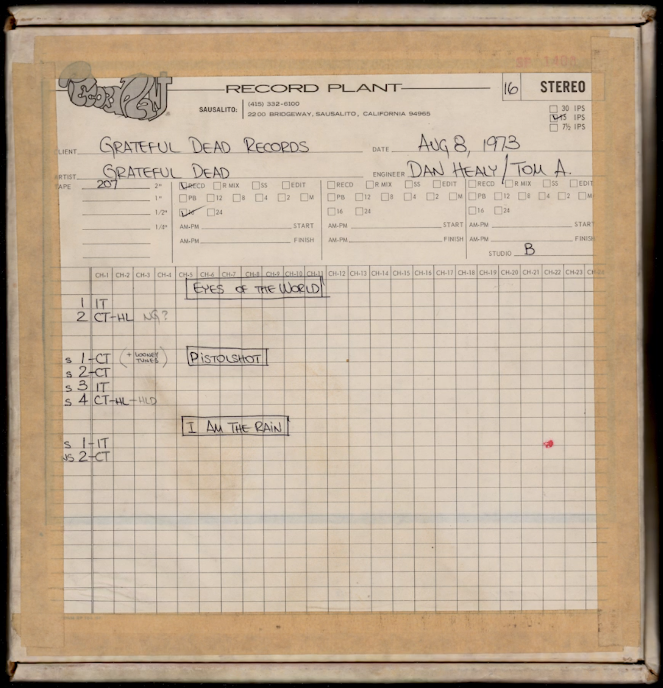 Record Plant Sausalito 16-track tracking sheet dated August 8, 1973 — Grateful Dead Records, engineer Dan Healy / Tom A., Studio B, listing 'Eyes of the World,' 'Pistolshot,' and 'I Am the Rain.'